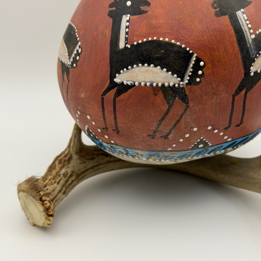 Southwestern Hand-Painted Gourd Vase Antler Base Rustic Lodge Decor Folk Art - Picture 6 of 11